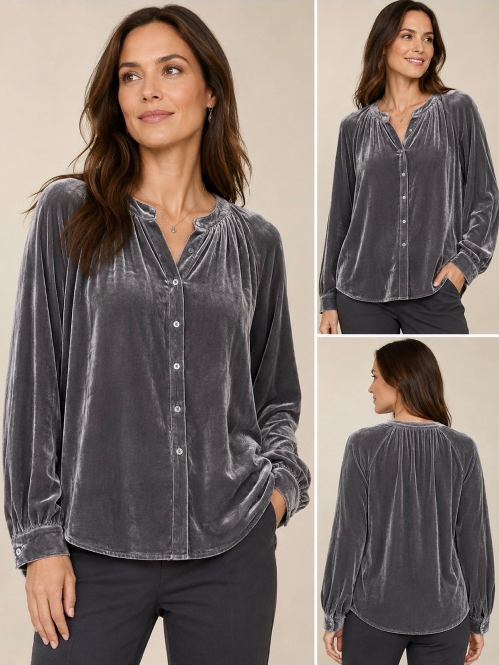 J.Jill▪️Velvet Button-Front Long Sleeve Top - Slate Gray